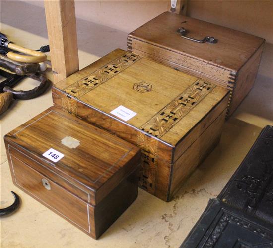 Victorian Tunbridge inlaid work box and 2 other boxes